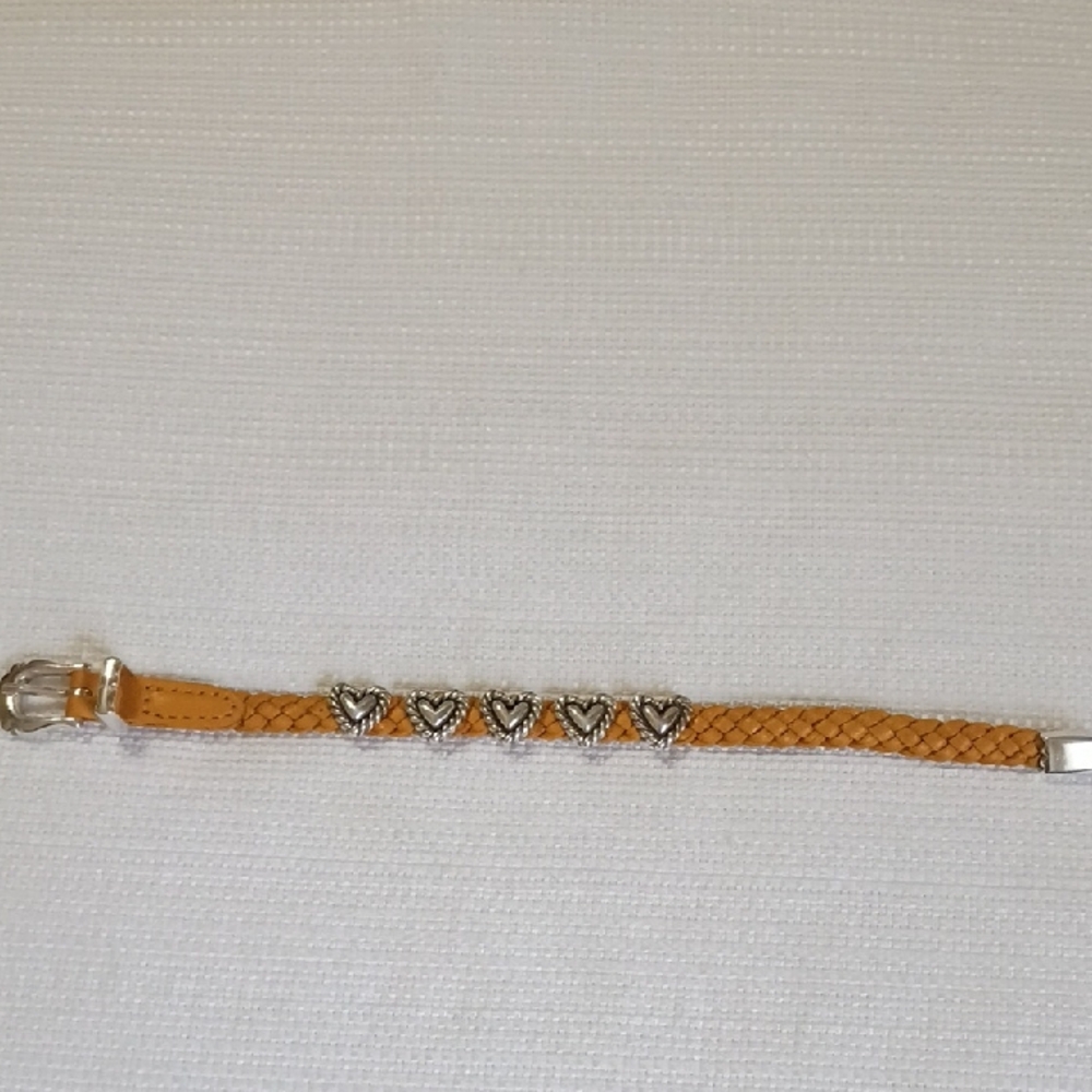 Braided Yellow Leather Bracelet With Silver Heart Accents